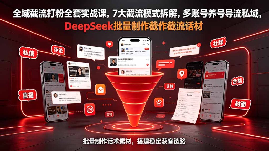 全域截流打粉全套实战课,7大截流模式拆解,多账号养号导流私域,DeepSeek批量制作截流话术素材-副业网创
