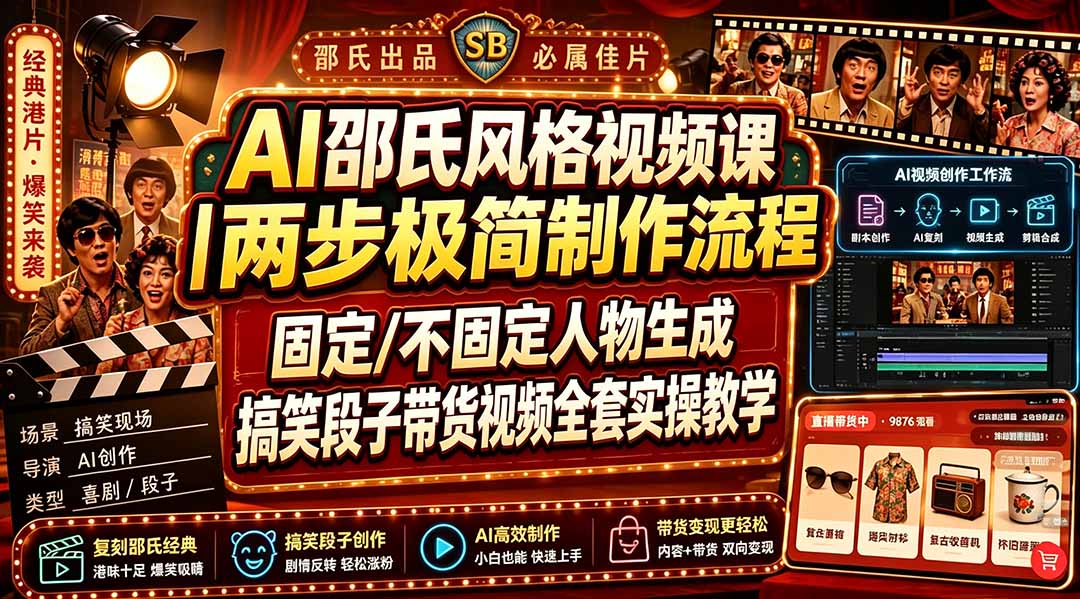AI邵氏风格视频课｜两步极简制作流程，固定/不固定人物生成，搞笑段子带货视频全套实操教学-副业网创
