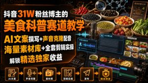 抖音31W粉丝博主的美食科普赛道教学,AI文案撰写+声音克隆配音+剪辑实操,解锁精选独家收益-副业网创