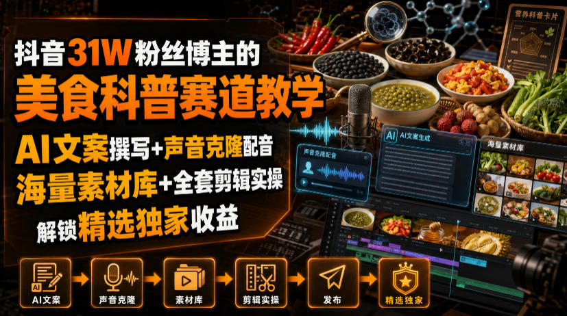 抖音31W粉丝博主的美食科普赛道教学,AI文案撰写+声音克隆配音+剪辑实操,解锁精选独家收益-副业网创