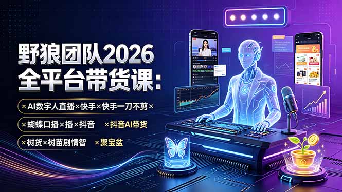 野狼团队2026全平台带货课-7月:AI数字人直播×快手一刀不剪×蝴蝶口播×抖音AI带货×树苗剧情智剪×聚宝盆-副业网创