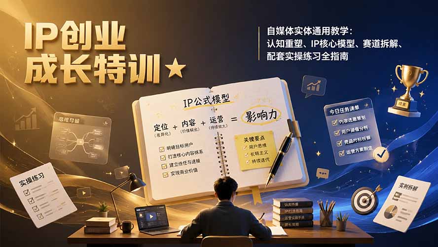 IP创业成长特训★自媒体实体通用教学：认知重塑、IP核心模型、赛道拆解、配套实操练习全指南-副业网创