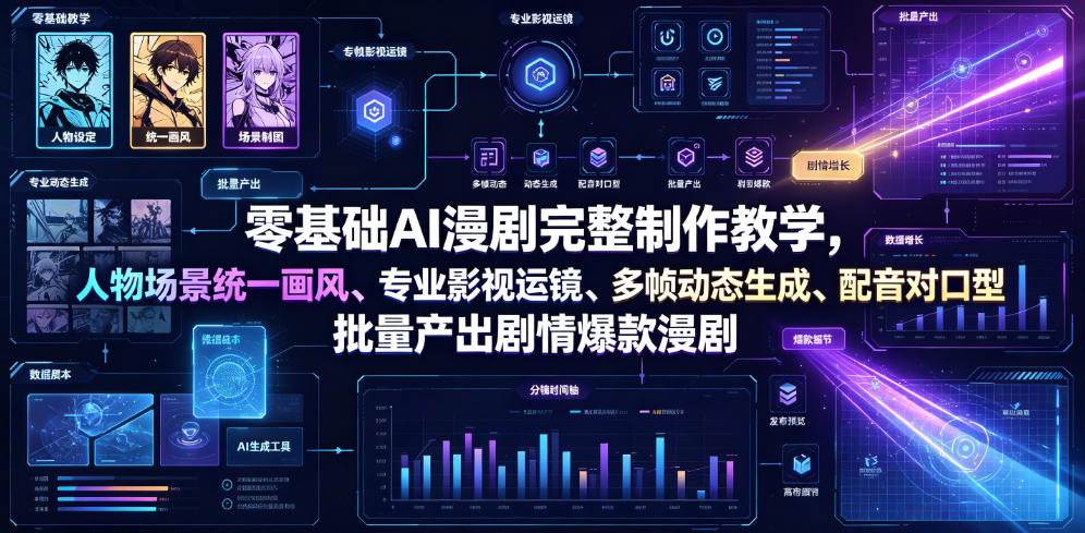 零基础AI漫剧完整制作教学,人物场景统一画风、专业影视运镜、多帧动态生成、配音对口型,批量产出剧情爆款漫剧-副业网创