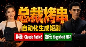 Claude Fable5担任导演+Higgsfield MCP落地执行|《总裁烤串》真人质感短剧全自动AI生成全流程教学-副业网创