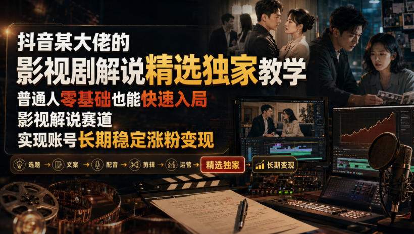 抖音某大佬的影视剧解说精选独家教学，普通人零基础也能快速入局影视解说赛道，实现账号长期稳定变现-副业网创