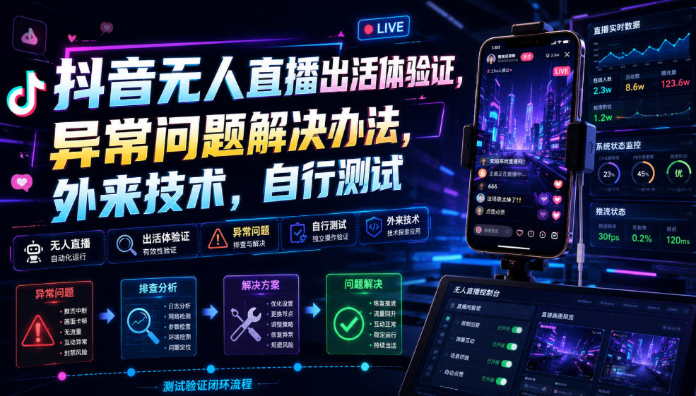 抖音无人直播出活体验证，异常问题解决办法，外来技术，自行测试-副业网创