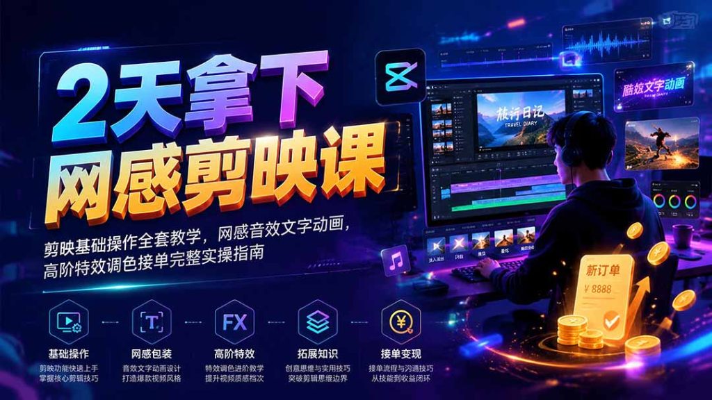 2天拿下网感剪辑课｜剪映基础操作全套教学，网感音效文字动画，高阶特效调色接单完整实操指南-副业网创