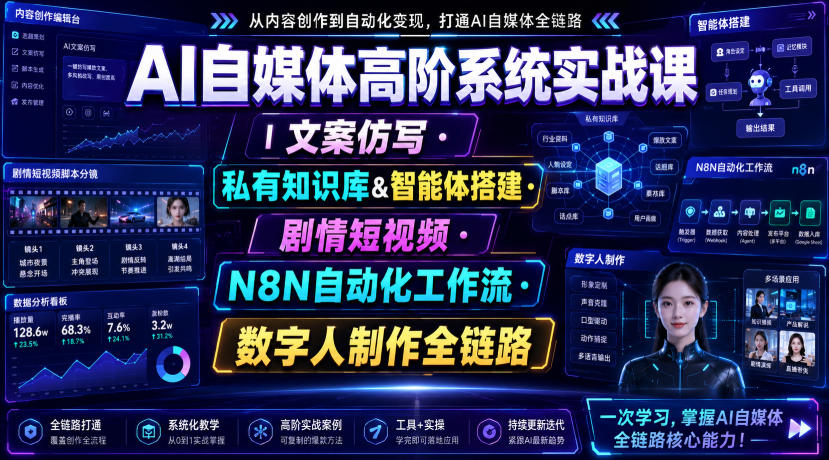 AI自媒体高阶系统实战课|文案仿写・私有知识库&智能体搭建・剧情短视频・N8N自动化工作流・数字人制作全链路-副业网创