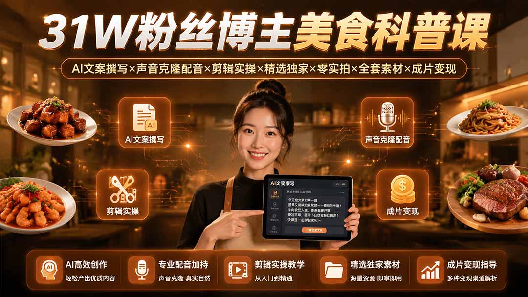 31W粉丝博主美食科普课:AI文案撰写×声音克隆配音×剪辑实操×精选独家×零实拍×全套素材×成片变现-副业网创