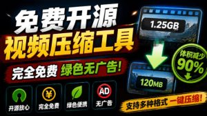 Github开源视频压缩瘦身工具，轻松压缩90%，并保持画质清晰，完全免费绿色无广告！VideoSlim-副业网创