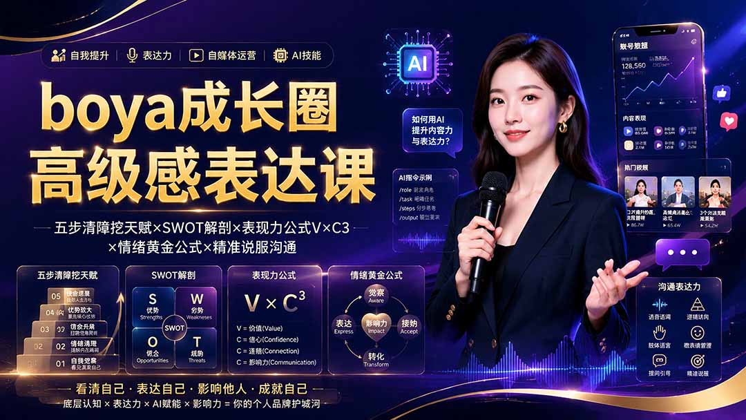 boya成长圈｜内心成长高级表达AI自媒体三合一，消解内耗挖掘天赋，镜头沟通AI指令短视频全流程教学-副业网创