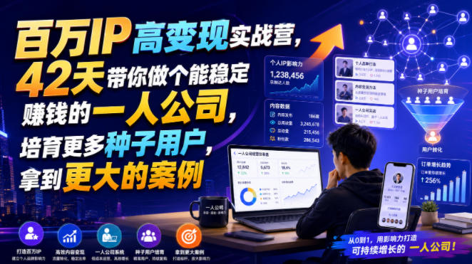 百万IP高变现实战营，42天带你做个能稳定賺钱的一人公司，培育更多种子用户，拿到更大的案例-副业网创