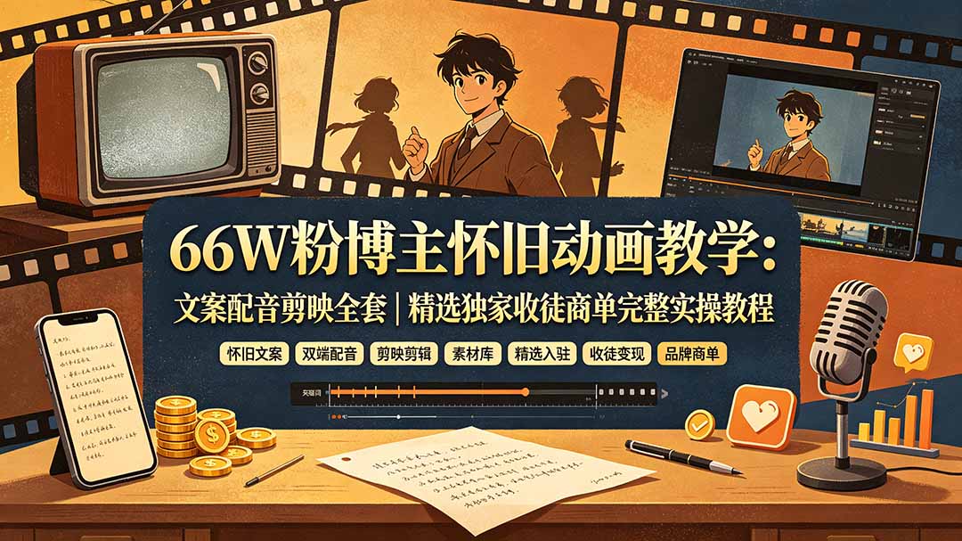66W粉博主怀旧动画教学:文案配音剪映全套|精选独家收徒商单完整实操教程-副业网创