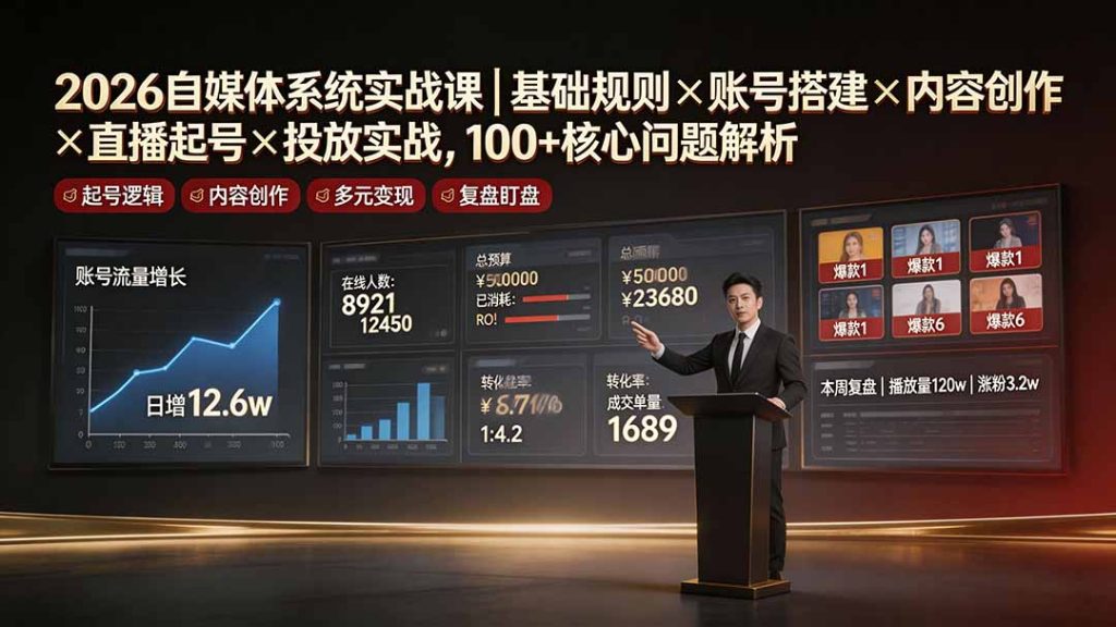 2026自媒体系统实战课｜基础规则×账号搭建×内容创作×直播起号×投放实战，100+核心问题解析-副业网创
