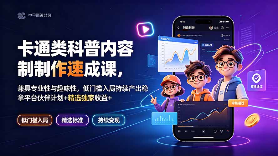 卡通类科普内容制作速成课,兼具专业性与趣味性,低门槛入局持续产出稳拿平台伙伴计划+精选独家收益-副业网创