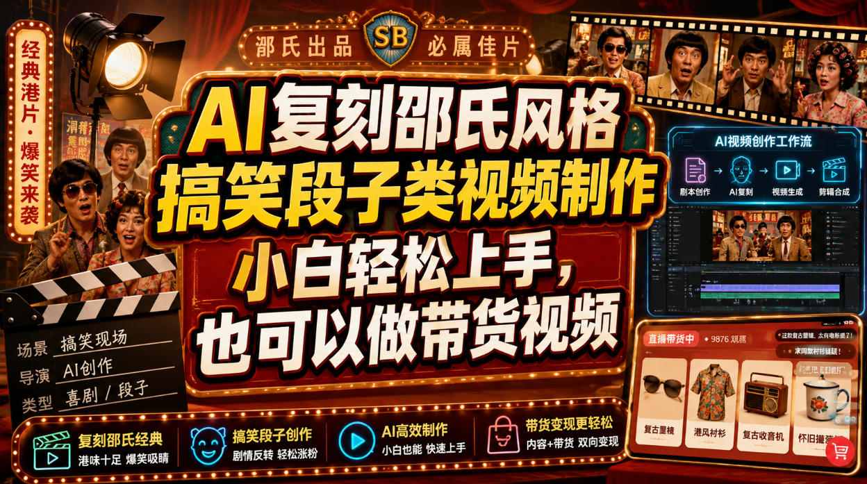 AI复刻邵氏风格搞笑段子类视频制作，小白轻松上手，也可以做带货视频-副业网创
