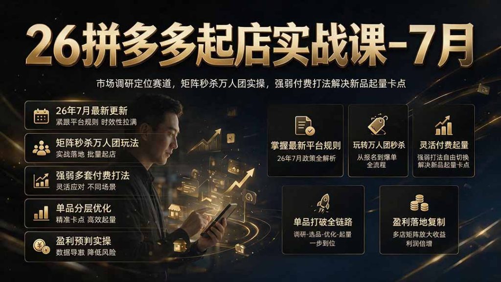 26拼多多起店实战课-7月｜市场调研定位赛道，矩阵秒杀万人团实操，强弱付费打法解决新品起量卡点-副业网创