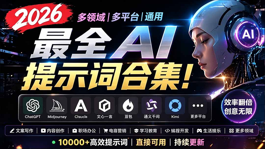 2026最全AI提示词合集!多领域多平台通用,涵盖AI绘画、电商主图、爆款文案,脚本创作等-副业网创