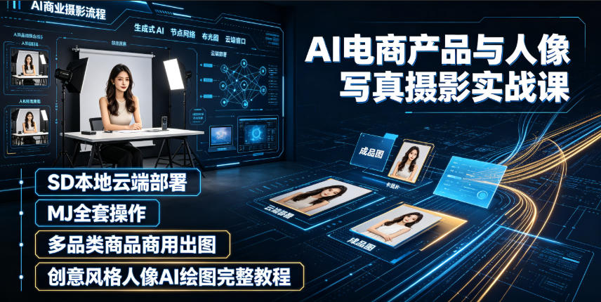 AI电商产品与人像写真摄影实战课｜SD本地云端部署、MJ全套操作、多品类商品商用出图、创意风格人像AI绘图完整教程-副业网创