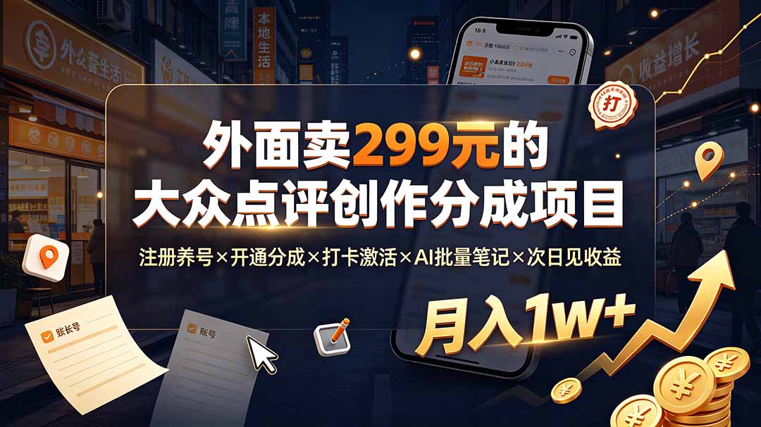 外面卖299元的大众点评创作分成项目：注册养号×开通分成×打卡激活×AI批量笔记×次日见收益，月入1w+-副业网创