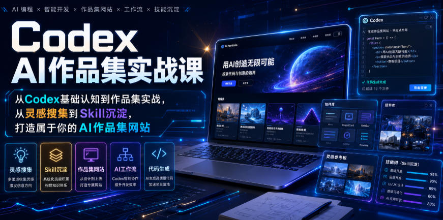 Codex AI作品集实战课，从Codex基础认知到作品集实战，从灵感搜集到Skill沉淀，打造属于你的AI作品集网站-副业网创