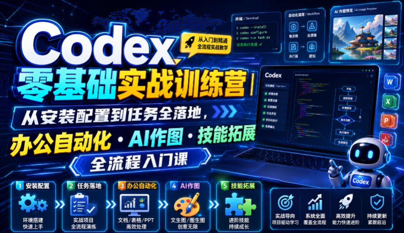 Codex零基础实战训练营｜从安装配置到任务全落地，办公自动化・AI作图・技能拓展全流程入门课-副业网创
