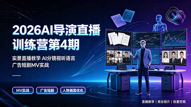 2026AI导演直播训练营第4期，实景直播教学AI分镜视听语言，广告短剧MV实战，解决人物画面崩坏痛点-副业网创