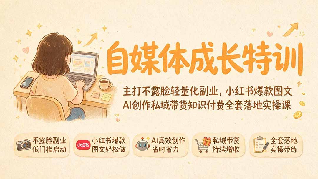 自媒体成长特训｜主打不露脸轻量化副业，小红书爆款图文AI创作私域带货知识付费全套落地实操课-副业网创