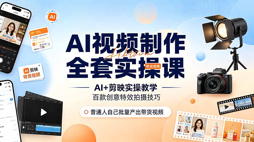 AI视频制作全套实操课,多款AI工具搭配剪映教学,百种特效运镜拍摄实操,抖音账号带货运营全覆盖-副业网创
