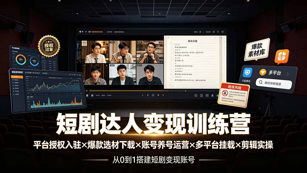 短剧达人变现训练营:平台授权入驻×爆款选材下载×账号养号运营×多平台挂载×剪辑实操×违规处理全流程-副业网创