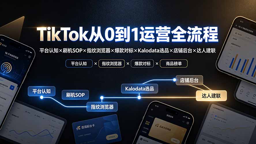 TikTok从0到1运营全流程：平台认知×刷机SOP×指纹浏览器×爆款对标×Kalodata选品×店铺后台×达人建联-副业网创