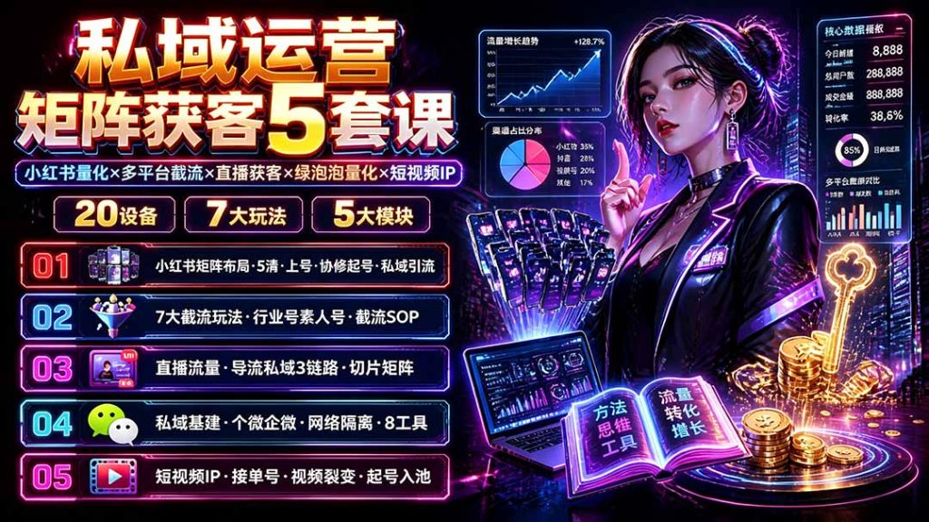 私域运营矩阵获客5套课：小红书量化×多平台截流×直播获客×绿泡泡量化×短视频IP×20设备×7大玩法-副业网创