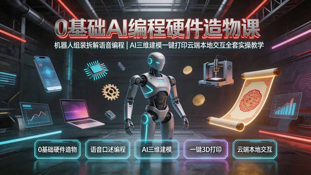 0基础AI编程硬件造物课｜机器人组装拆解语音编程，AI三维建模一键打印云端本地交互全套实操教学-副业网创