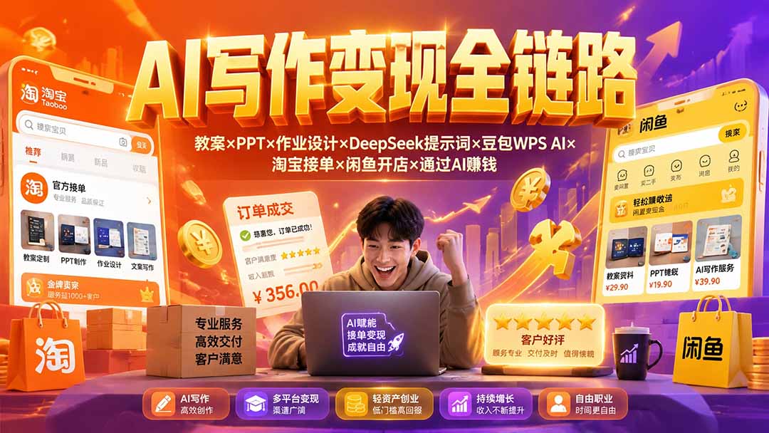 2026AI写作变现全链路：教案×PPT×作业设计×DeepSeek提示词×豆包WPS AI×淘宝接单×闲鱼开店×通过AI賺钱-副业网创