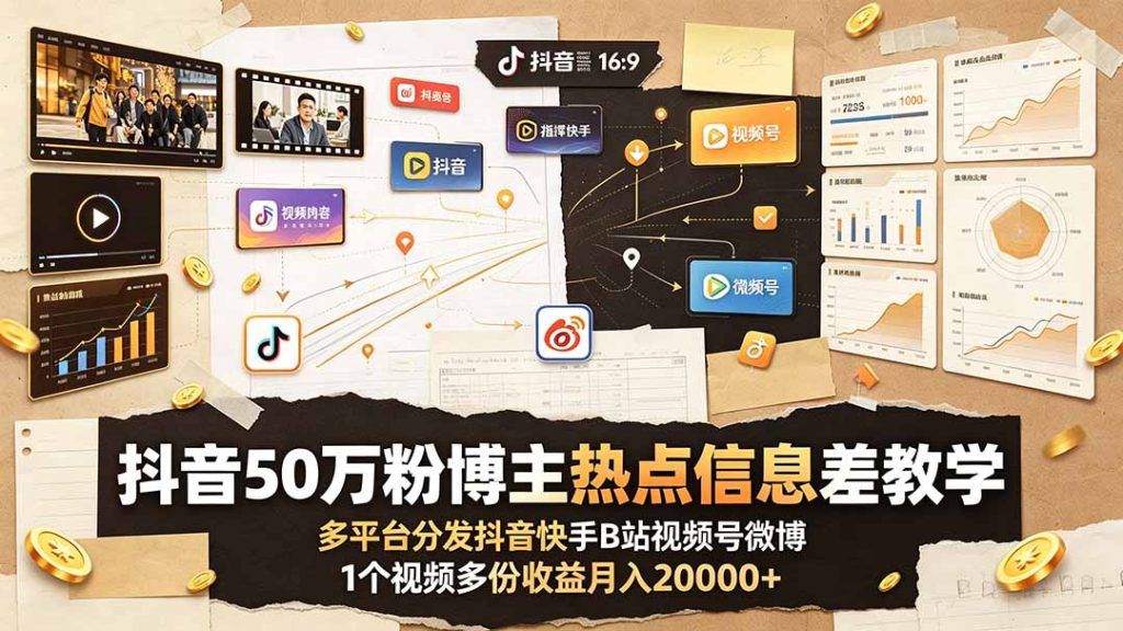 抖音50万粉博主热点信息差教学：多平台分发抖音快手B站视频号微博，1个视频多份收益月入20000+-副业网创