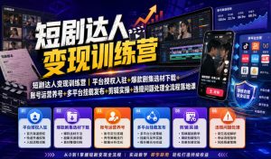 短剧达人变现训练营|平台授权入驻+爆款剧集选材下载+账号运营养号+多平台挂载发布+剪辑实操+违规问题处理全流程落地课-副业网创