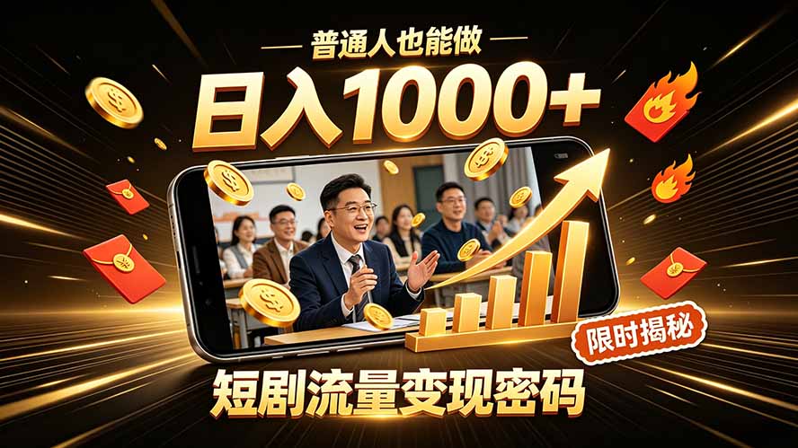 一部手机做短剧分发，不用真人出镜、不用拍摄剧本，快手流量变现日赚千元-副业网创