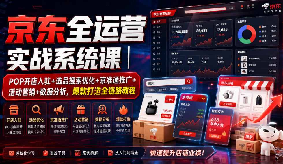 京东全运营实战系统课｜POP开店入驻+选品搜索优化+京准通推广+活动营销+数据分析，爆款打造全链路教程-副业网创