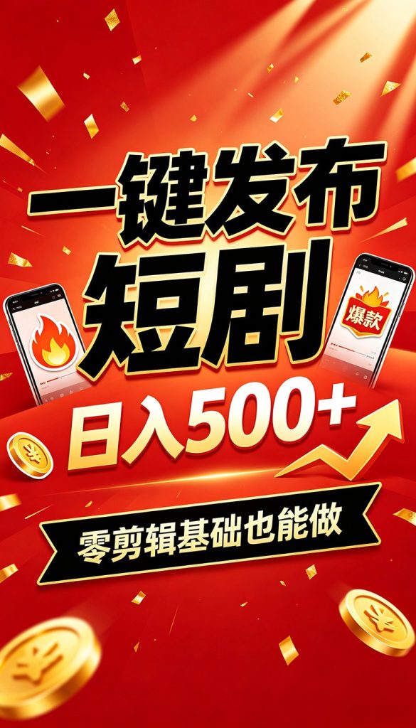 快手短剧一键发布，不用剪辑操作简单，副业日入500+。空闲时间轻松赚收益-副业网创
