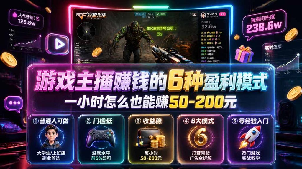 付费文章：游戏主播赚钱的6种盈利模式，一小时怎么也能赚50-200元-副业网创