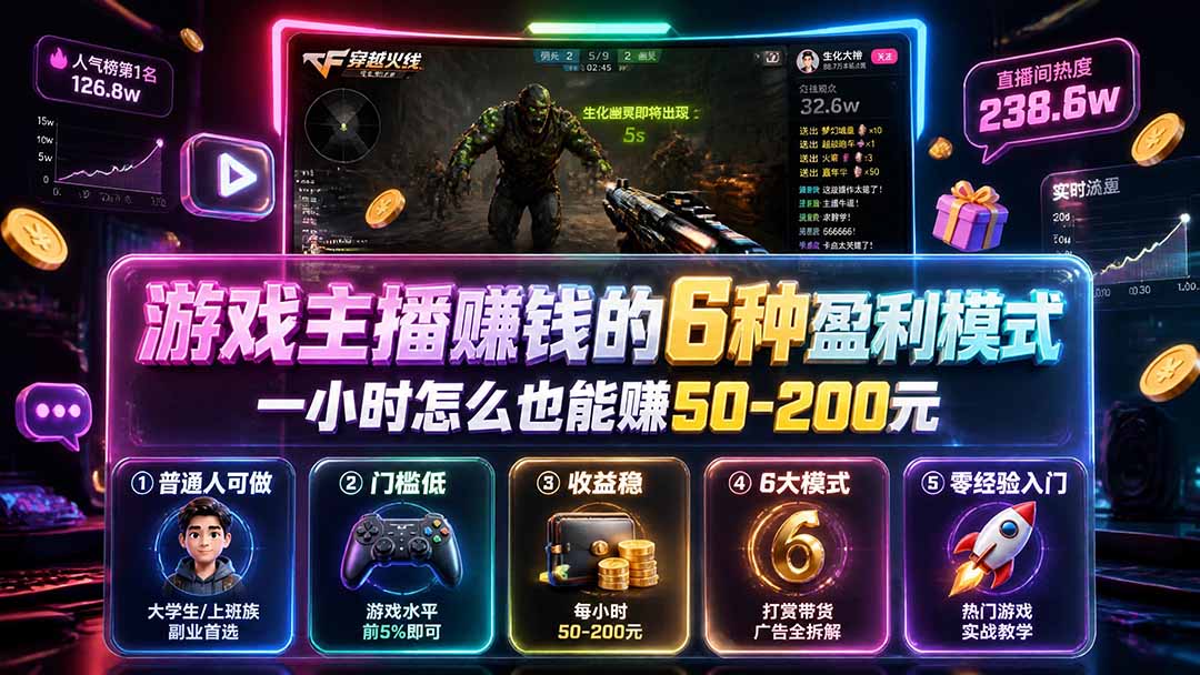 付费文章:游戏主播赚钱的6种盈利模式,一小时怎么也能赚50-200元-副业网创