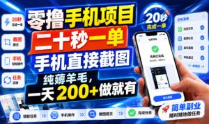 零撸手机项目，二十秒一单，手机直接截图，纯薅羊毛，一天200+做就有【揭秘】-副业网创