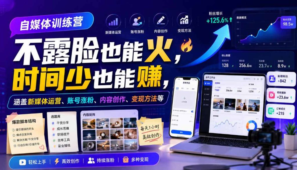 自媒体训练营，不露脸也能火，时间少也能賺，涵盖新媒体运营、账号涨粉、内容创作、变现方法等-副业网创