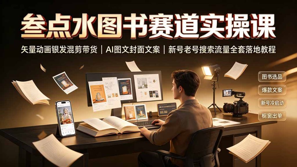 叁点水图书赛道实操课|矢量动画银发混剪带货,AI图文封面文案,新号老号搜索流量全套落地教程-副业网创