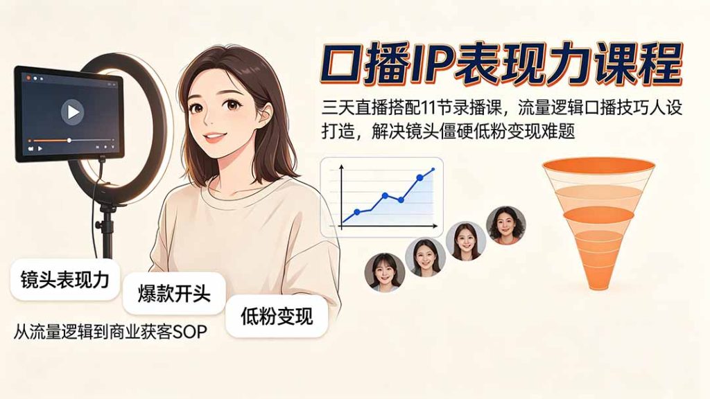 口播IP表现力课程｜三天直播搭配11节录播课，流量逻辑口播技巧人设打造，解决镜头僵硬低粉变现难题-副业网创