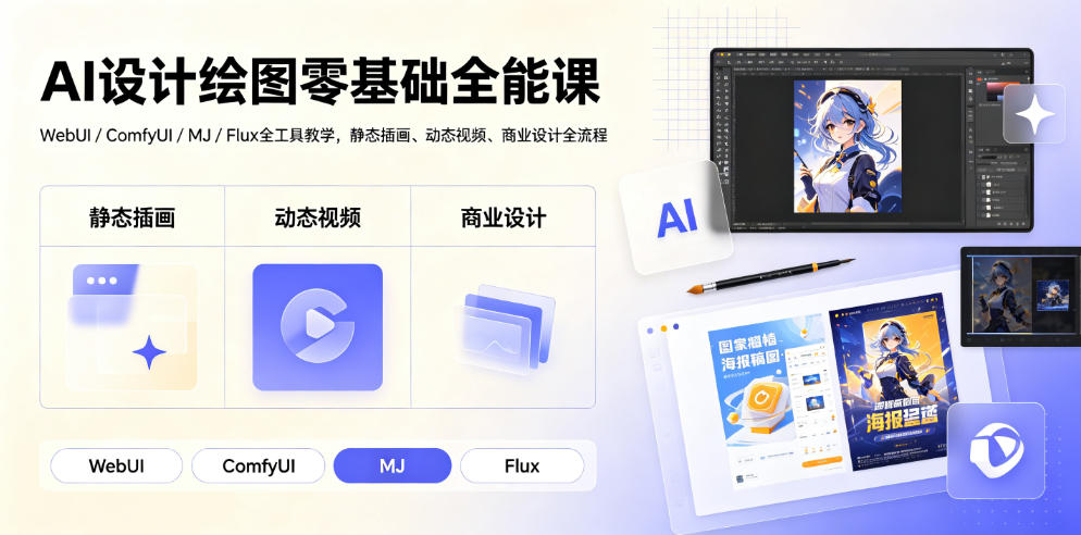 AI设计绘图零基础全能课｜WebUI/ComfyUI/MJ/Flux全工具教学，静态插画、动态视频、商业设计全流程-副业网创