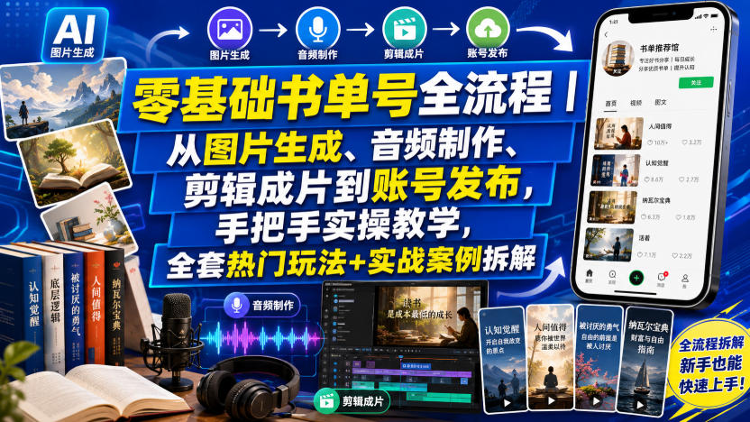 零基础书单号全流程｜从图片生成、音频制作、剪辑成片到账号发布，手把手实操教学，全套热门玩法+实战案例拆解-副业网创