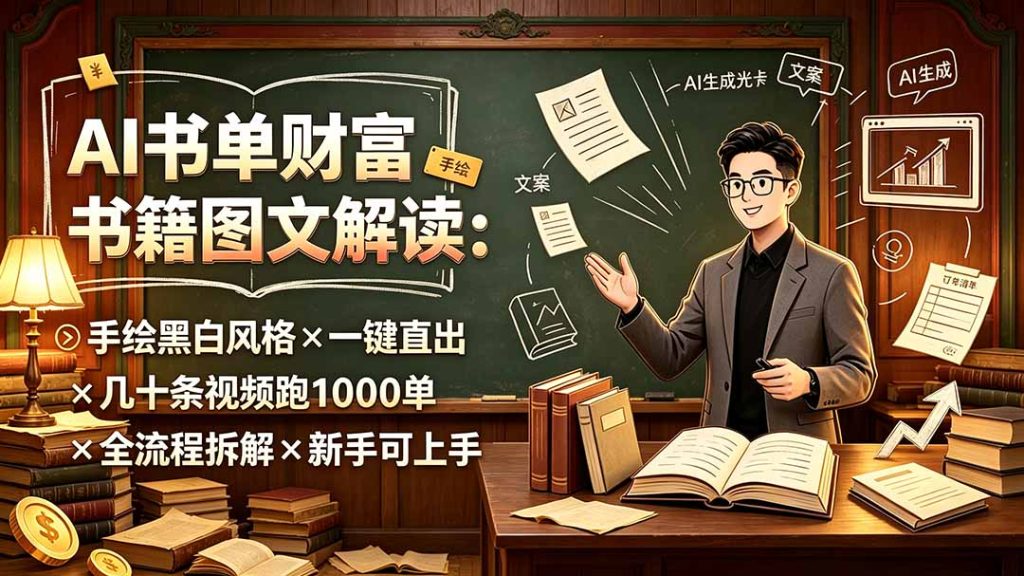 AI书单财富书籍图文解读：手绘黑白风格×一键直出×几十条视频跑1000单×全流程拆解×新手可上手-副业网创