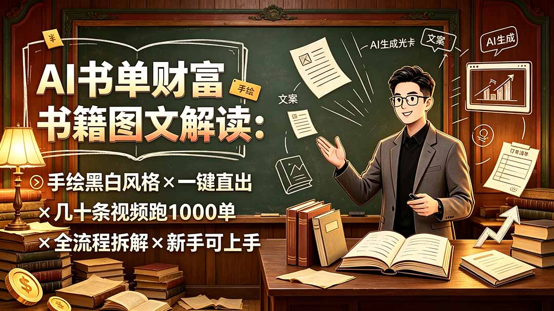 AI书单财富书籍图文解读：手绘黑白风格×一键直出×几十条视频跑1000单×全流程拆解×新手可上手-副业网创