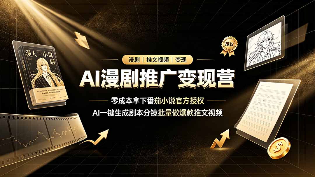AI漫剧推广变现营,零成本拿下番茄小说官方授权,AI一键生成剧本分镜批量做爆款推文视频-副业网创